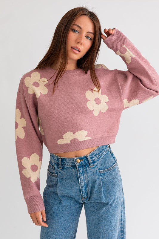 The Petals Pink & Cream Daisy Cropped Sweater