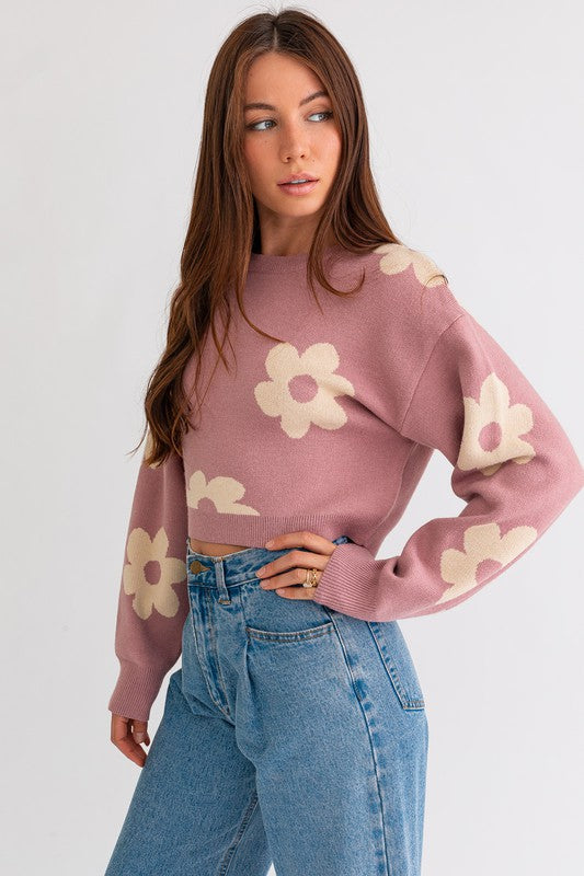 The Petals Pink & Cream Daisy Cropped Sweater