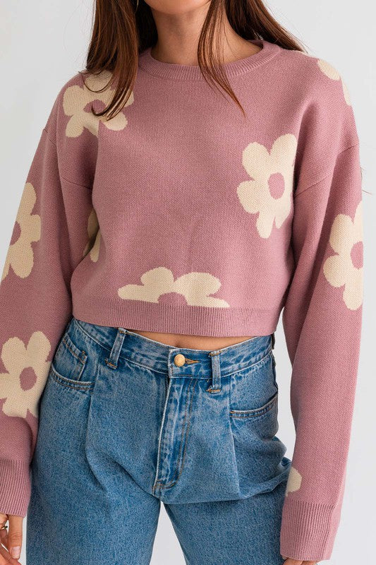 The Petals Pink & Cream Daisy Cropped Sweater