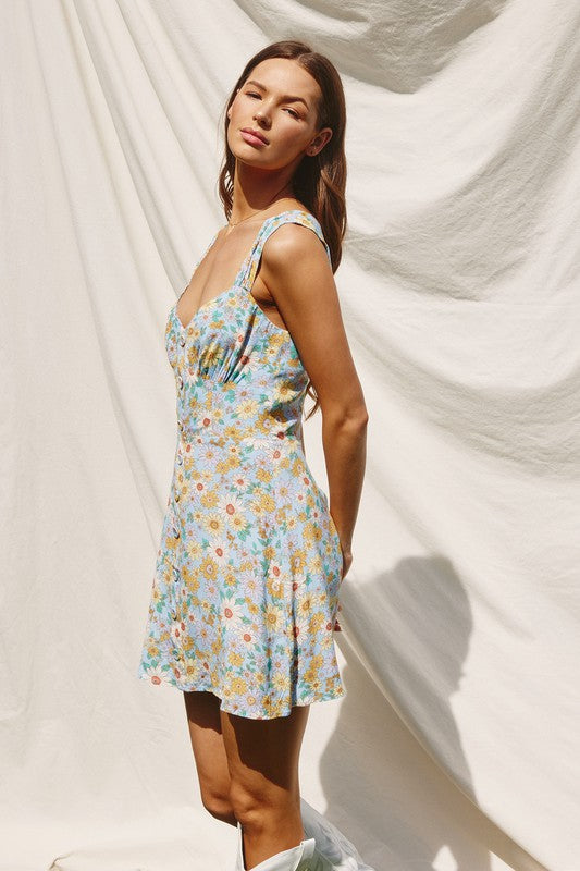 The Flowers In Her Hair Blue Floral Mini Dress