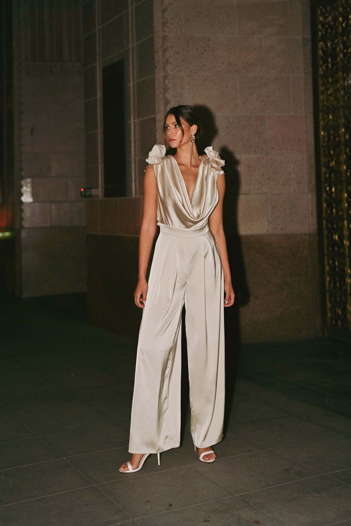 The Modern Elegance Floral Shoulder Satin Jumpsuit