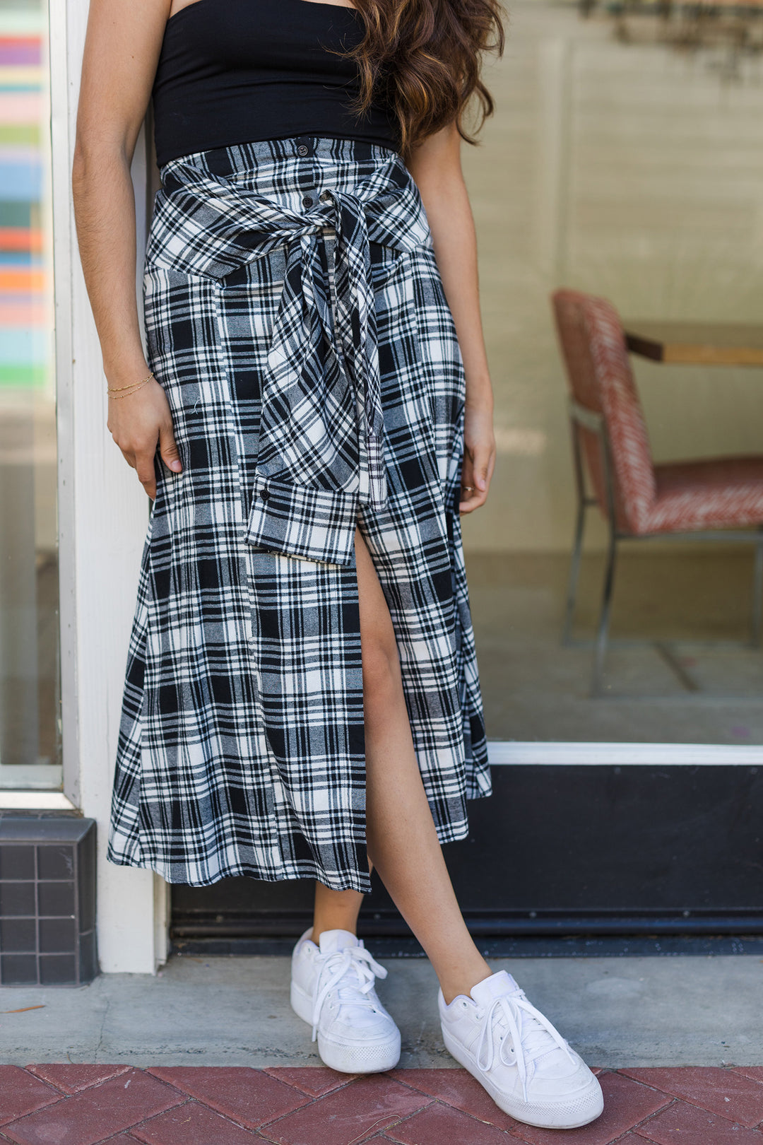 The Nirvana Black and White Plaid Tie Front Skirt