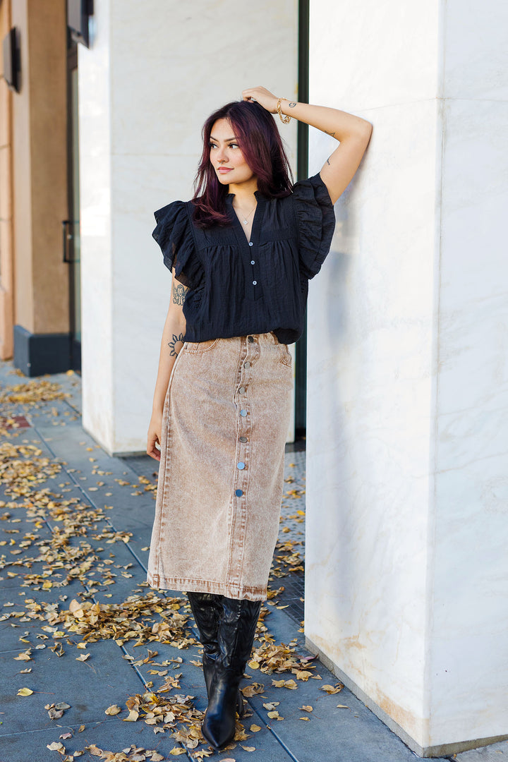 The Joplin Mineral Washed Button Front Midi Skirt