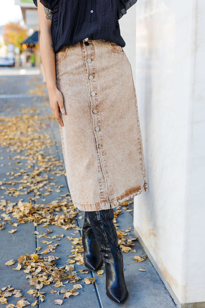 The Joplin Mineral Washed Button Front Midi Skirt