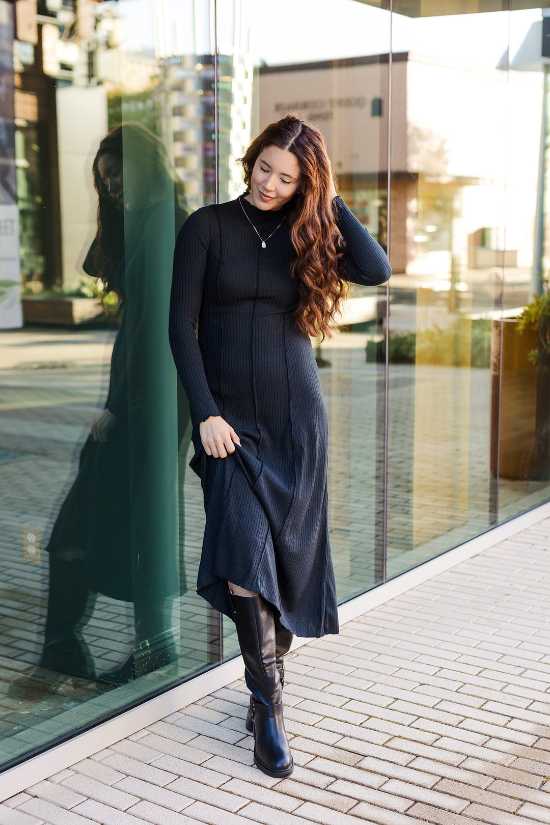 The Defying Gravity Black Ribbed Midi Dress