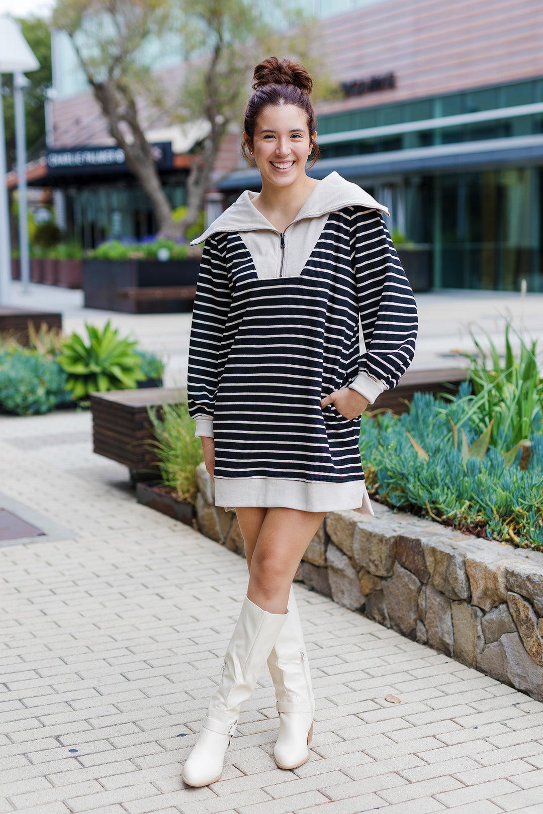 The Good Call Black and Tan Striped Mini Dress