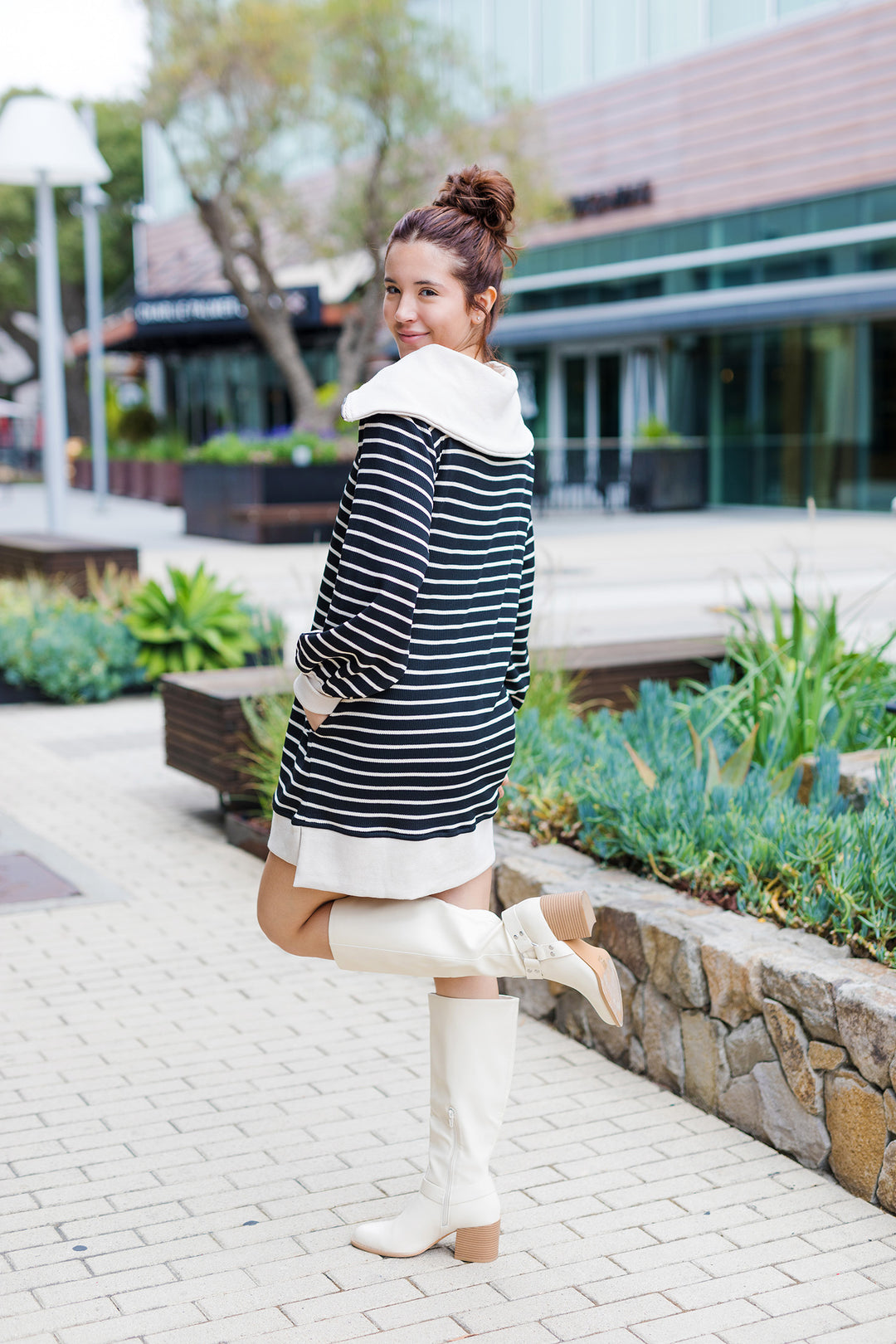 The Good Call Black and Tan Striped Mini Dress