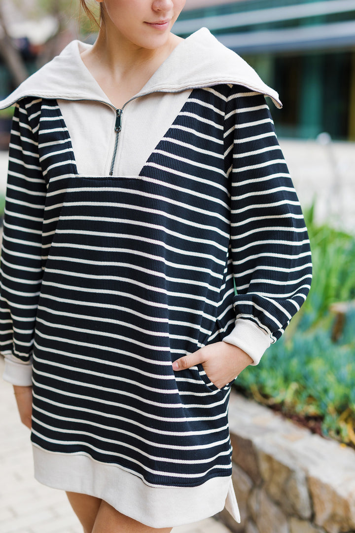 The Good Call Black and Tan Striped Mini Dress