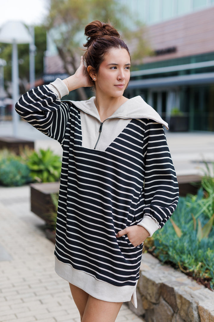 The Good Call Black and Tan Striped Mini Dress