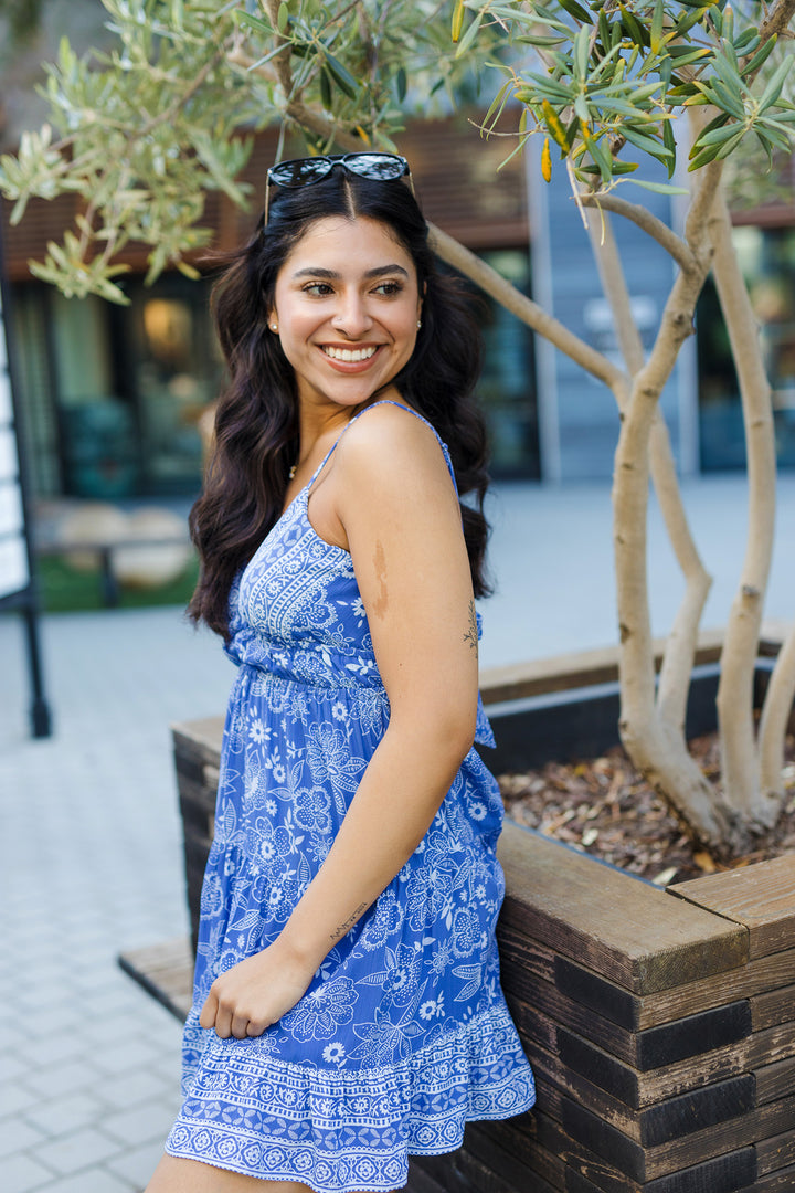 The Riviera Rendezvous Blue Floral Print Mini Dress