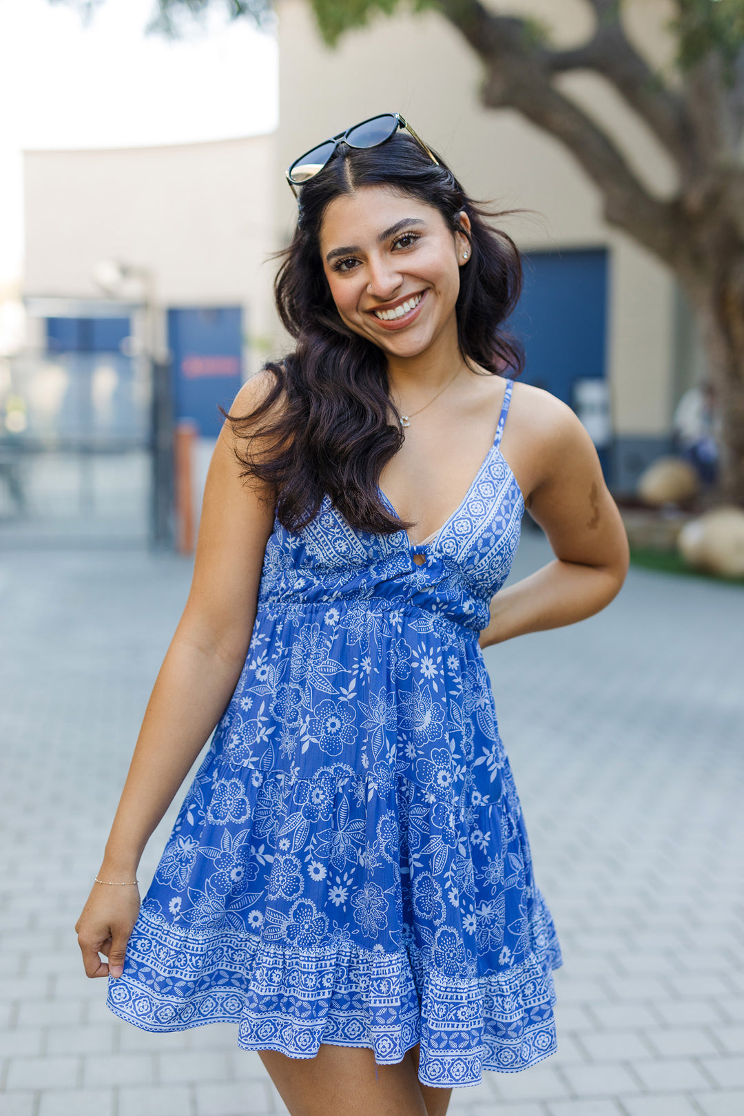 The Riviera Rendezvous Blue Floral Print Mini Dress