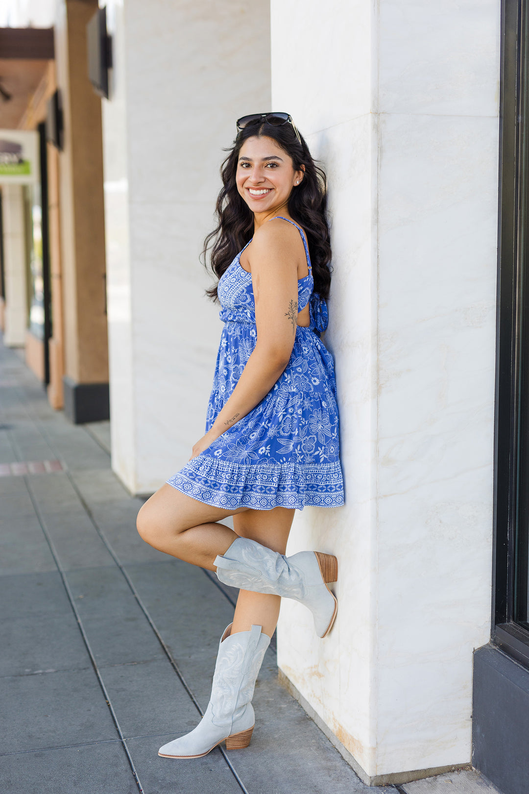 The Riviera Rendezvous Blue Floral Print Mini Dress