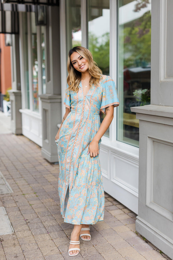 The Oceanside Dusty Blue Floral Print Maxi Dress