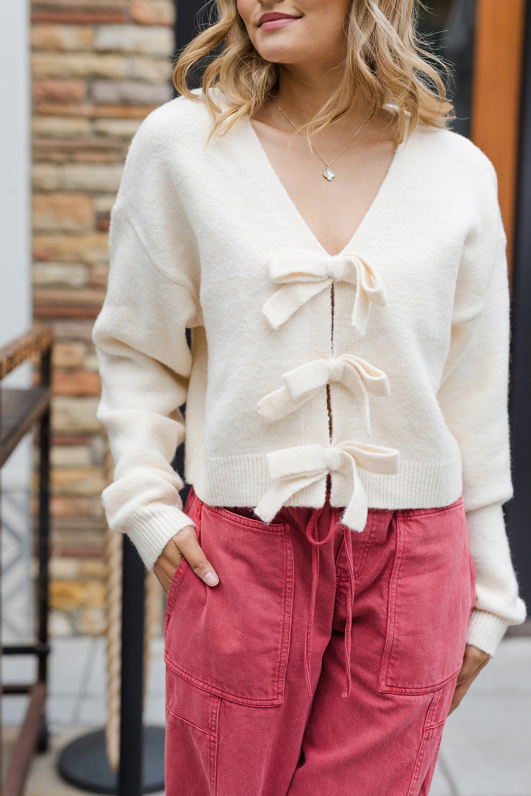 The What A Doll Cream Bow Detail Sweater