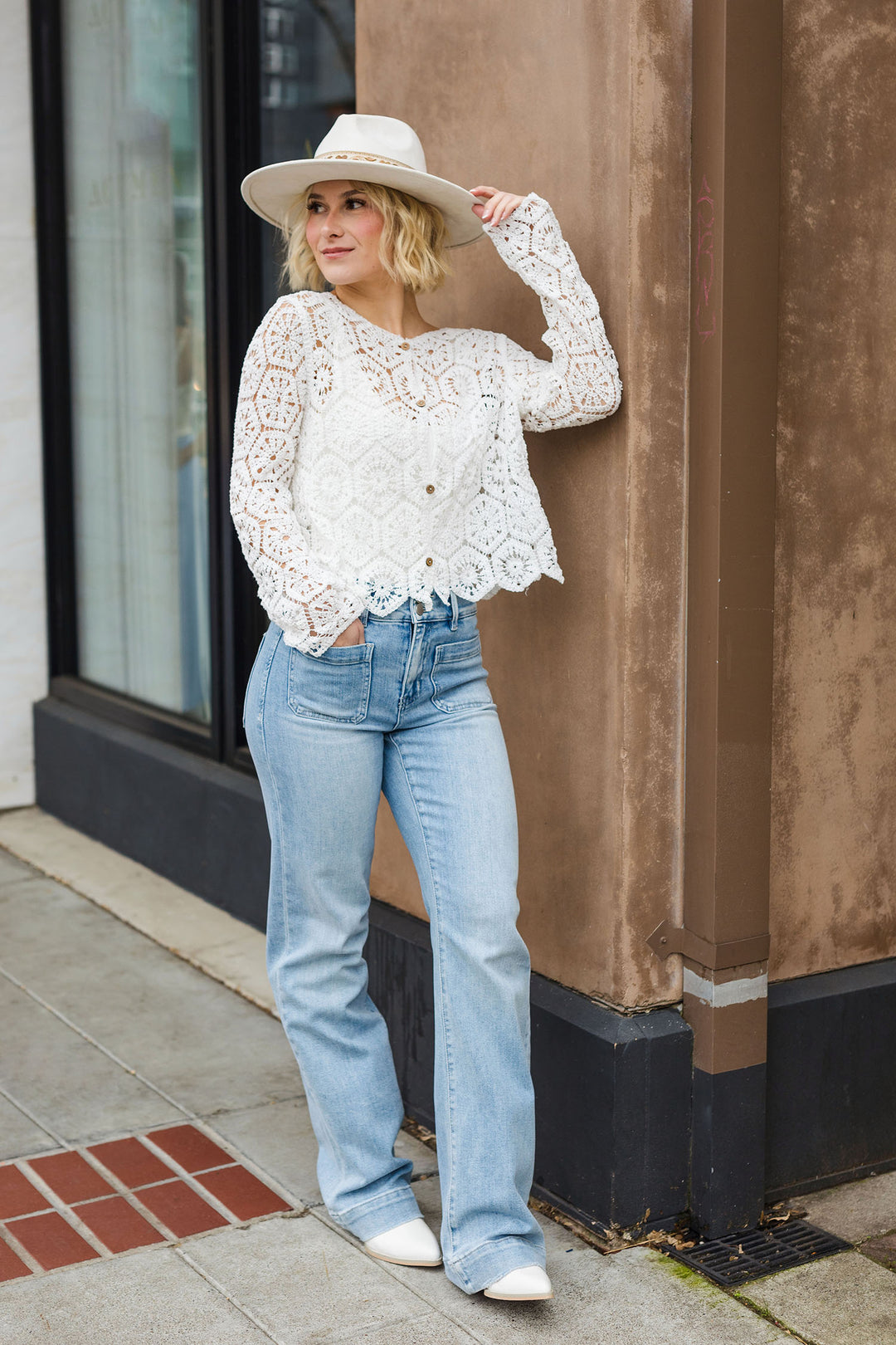 The Felicity Crochet White Cardigan Top