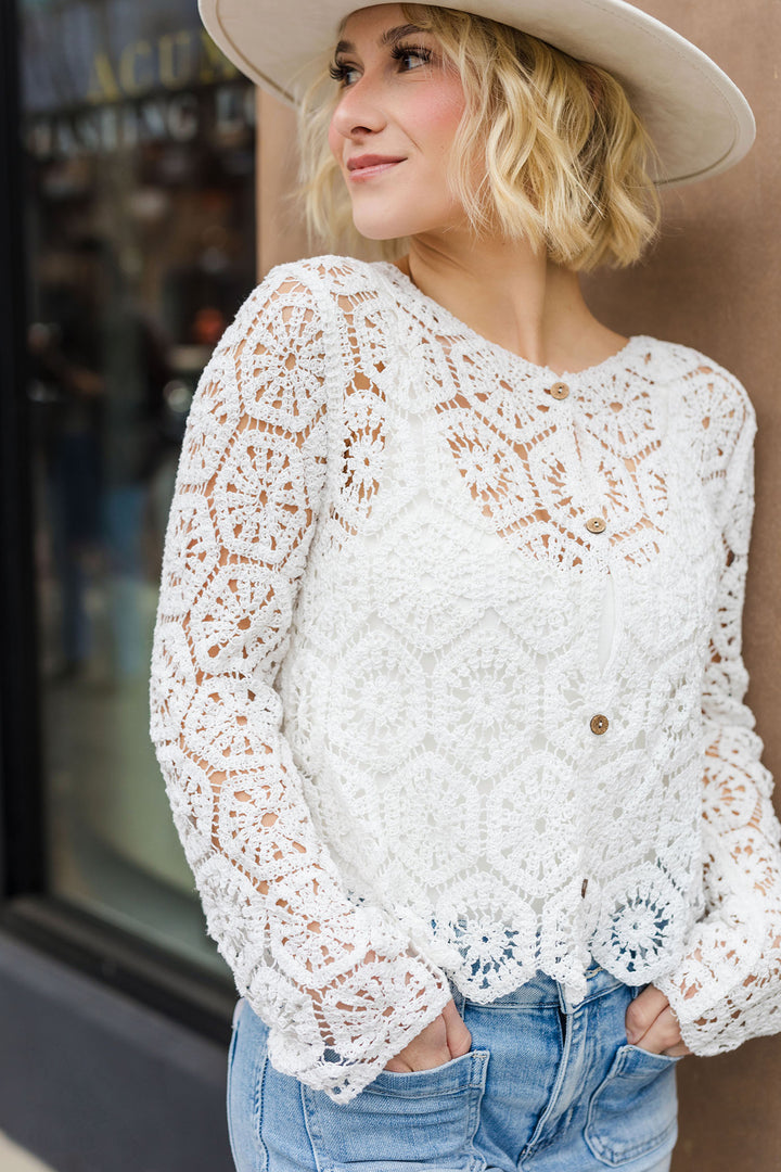 The Felicity Crochet White Cardigan Top