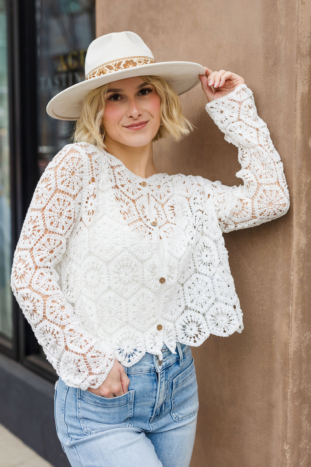 The Felicity Crochet White Cardigan Top