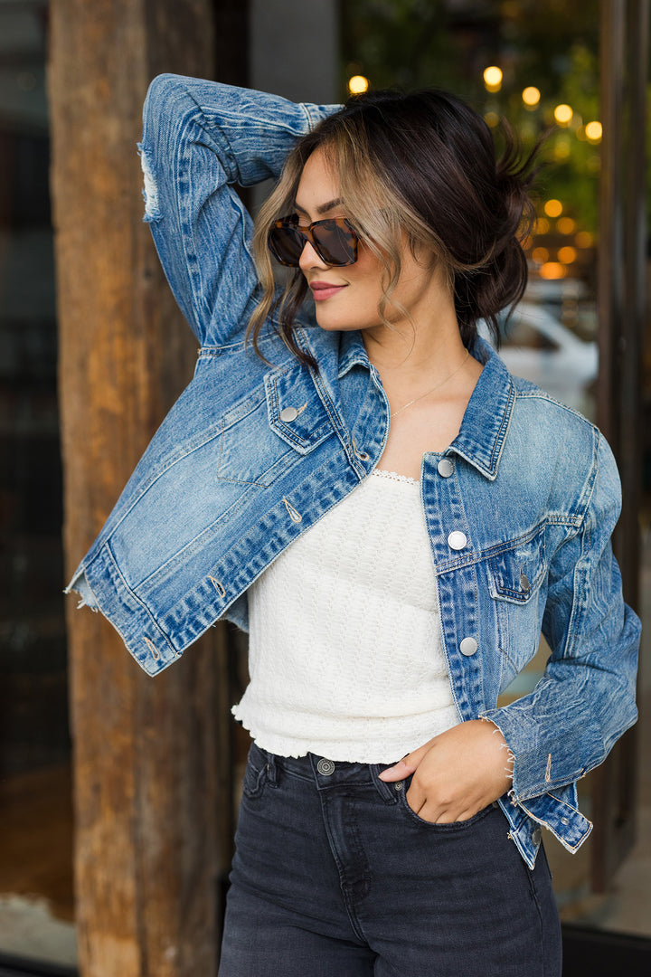 The Glory Days Uneven Hem Med Wash Denim Jacket