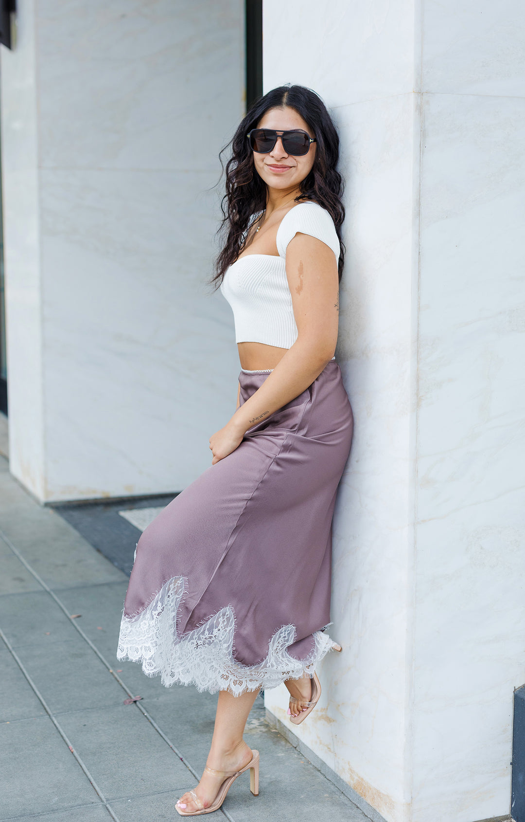 The See Me Shining Scalloped Lace Trim Satin Midi Skirt