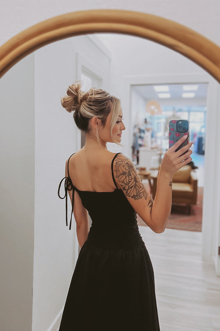 The Got It Good Black Puff Hem Midi Dress