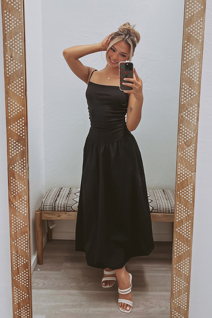 The Got It Good Black Puff Hem Midi Dress