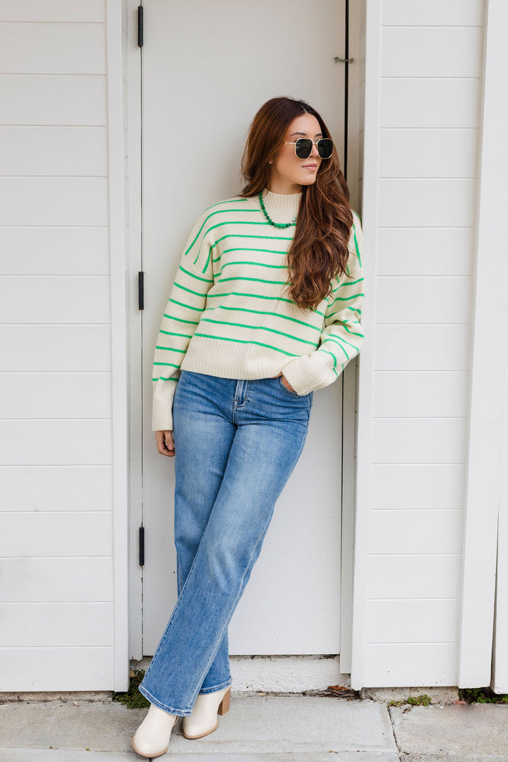 The Get In Line Lime Green Striped Sweater