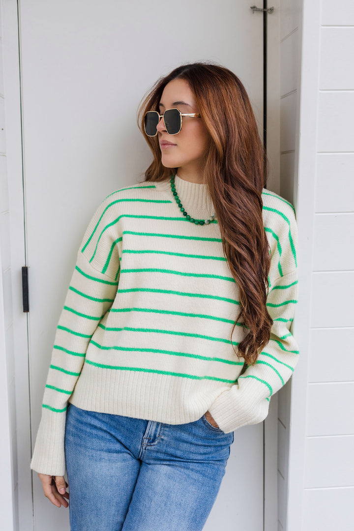 The Get In Line Lime Green Striped Sweater