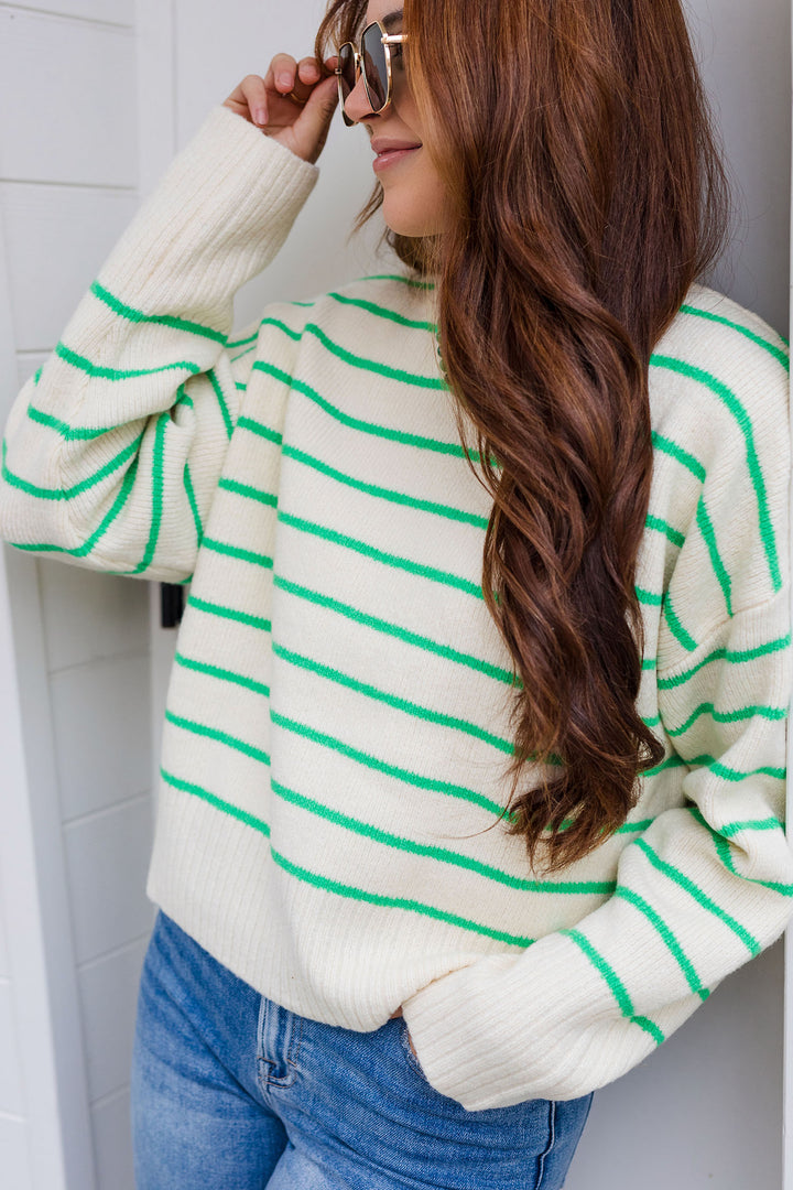 The Get In Line Lime Green Striped Sweater