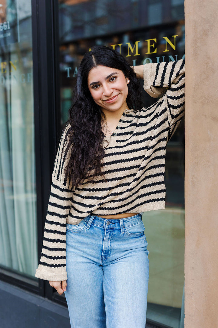 The Knit Together Taupe Striped Sweater