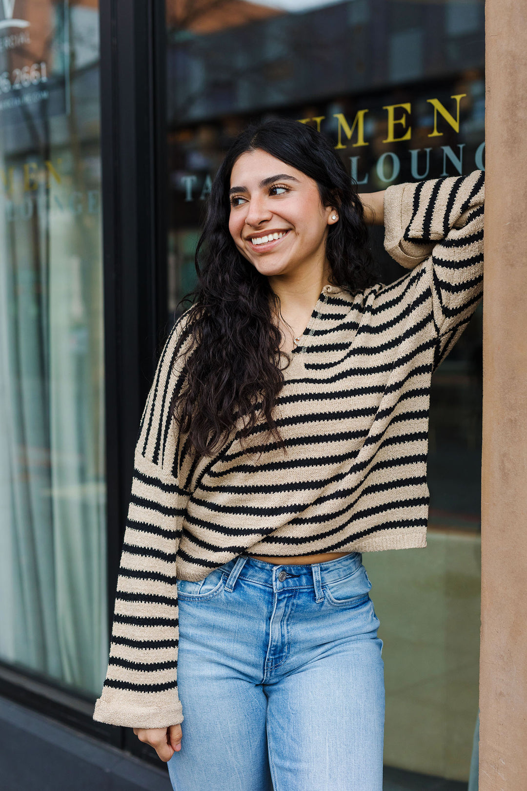 The Knit Together Taupe Striped Sweater