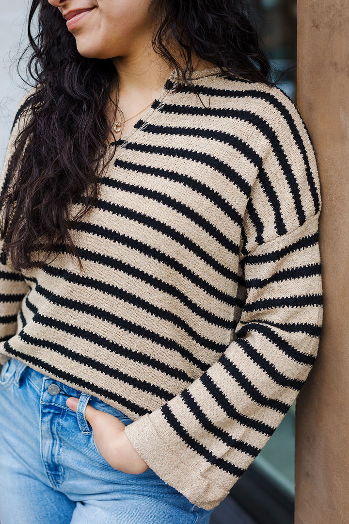 The Knit Together Taupe Striped Sweater