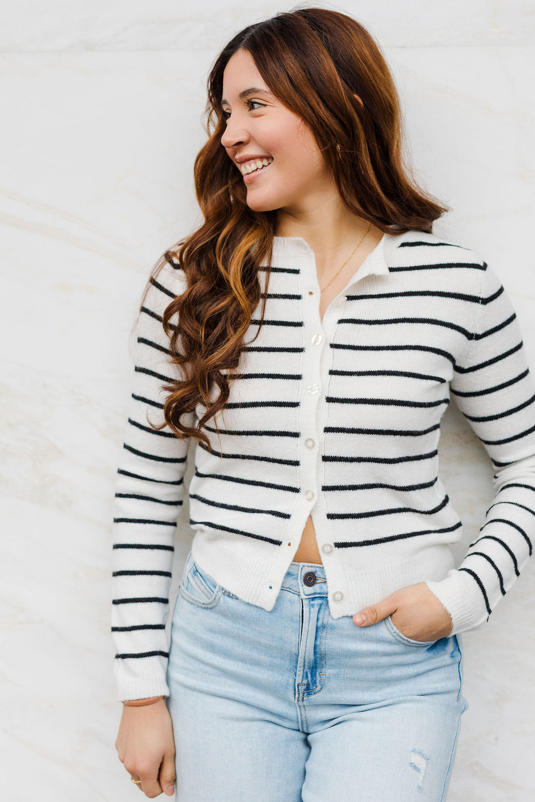 The Get In Line Navy Striped Cardigan Sweater