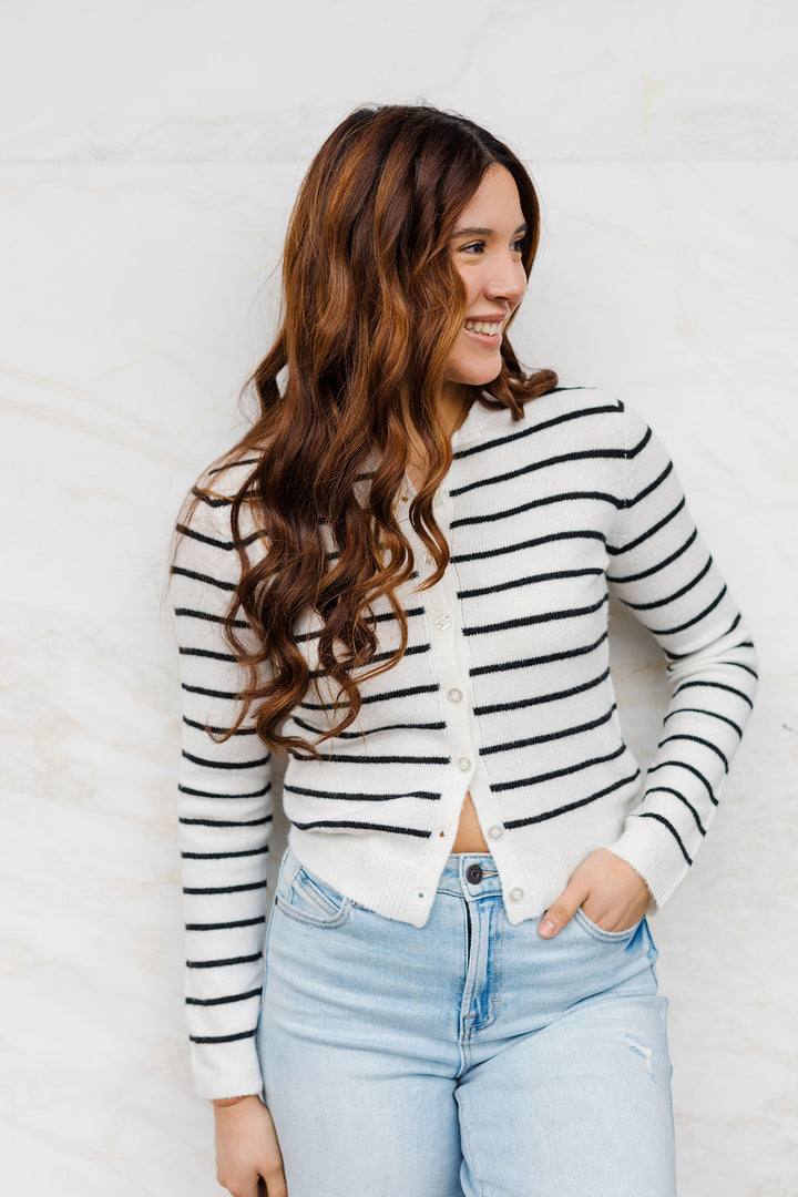 The Get In Line Navy Striped Cardigan Sweater