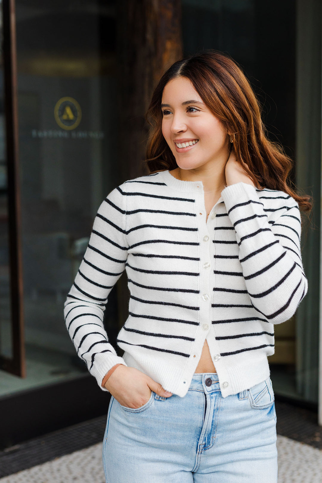 The Get In Line Navy Striped Cardigan Sweater