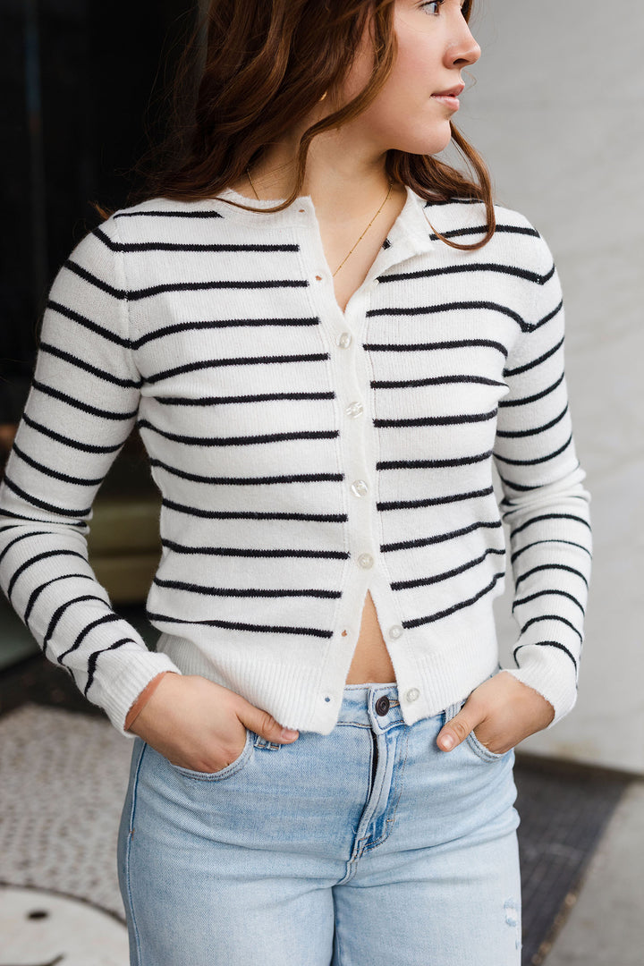 The Get In Line Navy Striped Cardigan Sweater