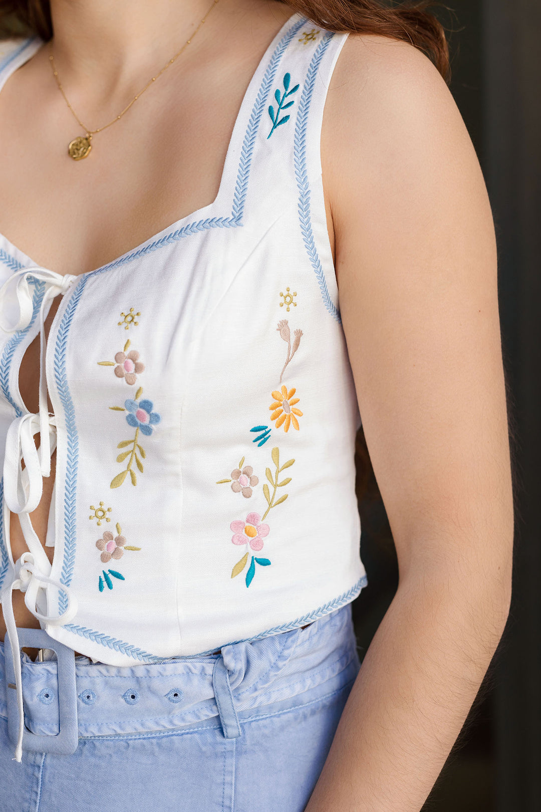 The Way Out West Floral Embroidered Tie Front Top