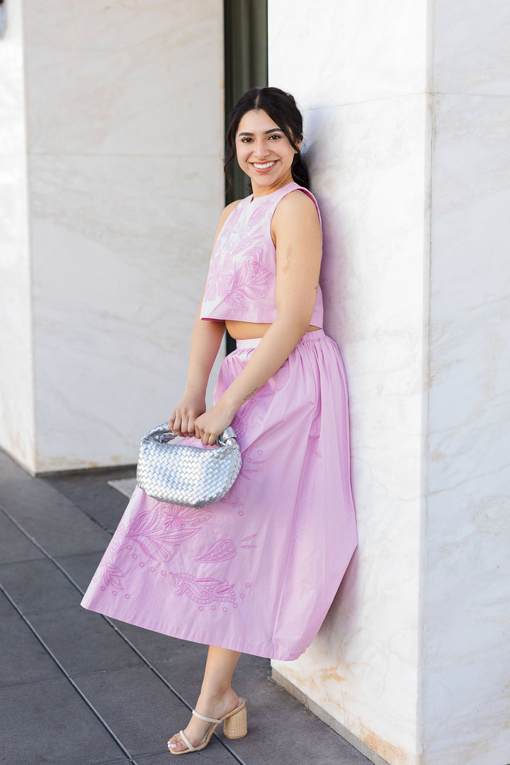 The Making Me Blush Embroidered Crop Top and Midi Skirt Set