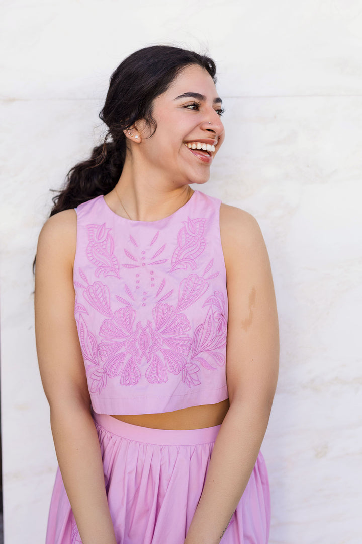 The Making Me Blush Embroidered Crop Top and Midi Skirt Set