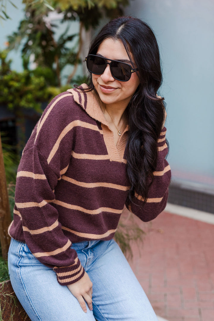 The Sweet As Caramel Striped Collared Sweater