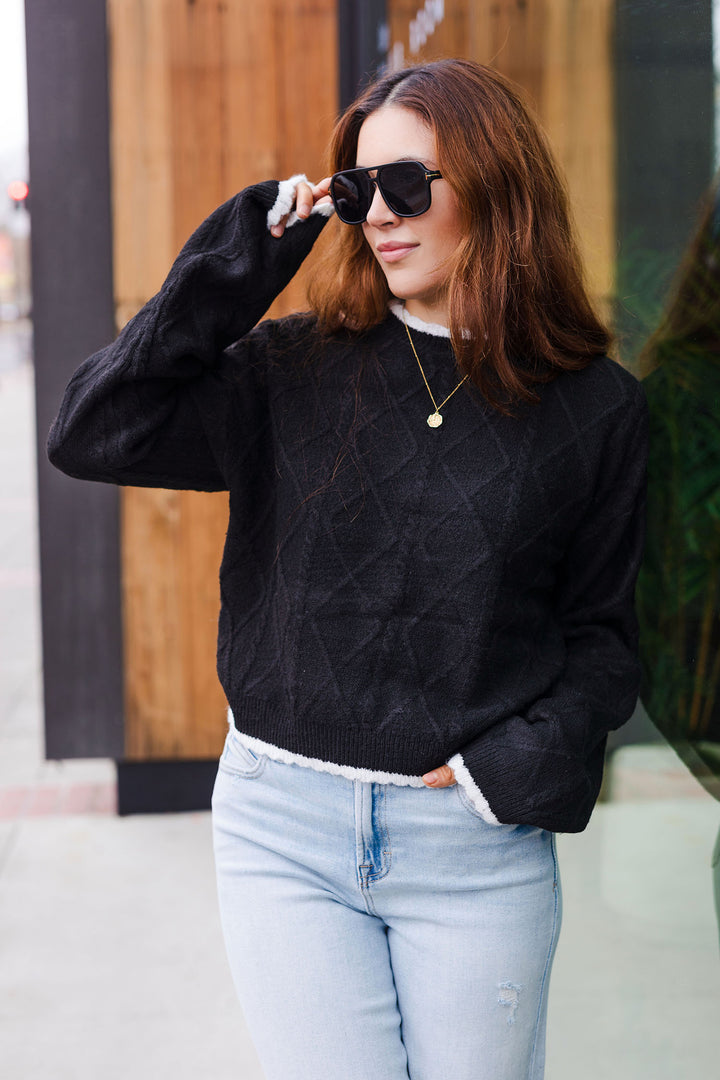 The Key To Success Scalloped Trim Cropped Sweater