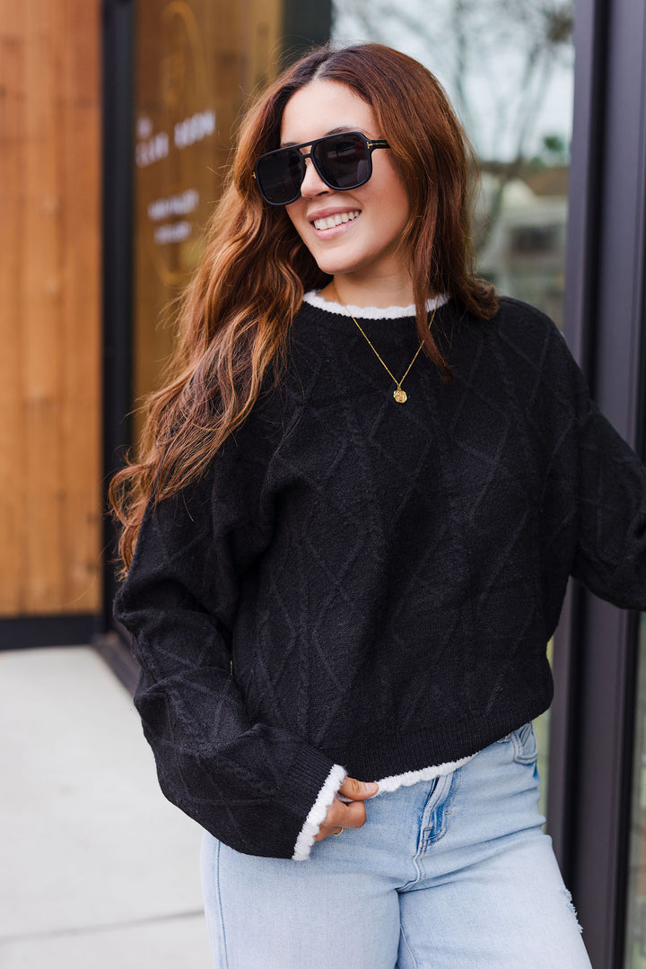 The Key To Success Scalloped Trim Cropped Sweater