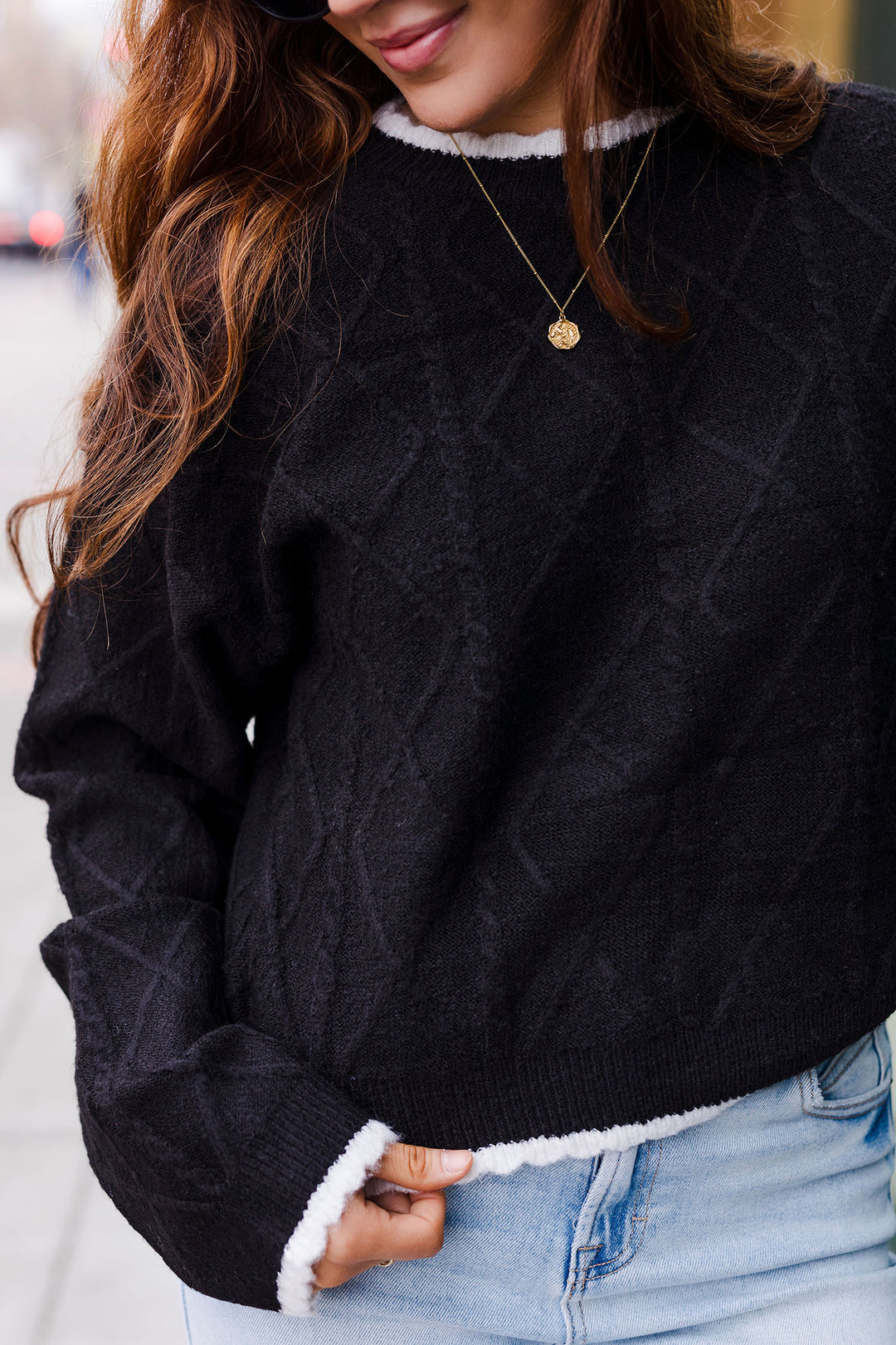 The Key To Success Scalloped Trim Cropped Sweater