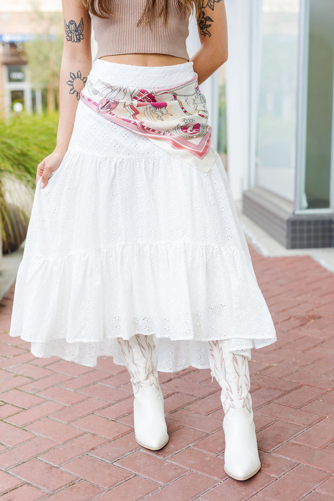 The Take A Stroll White Eyelet tiered Midi Skirt