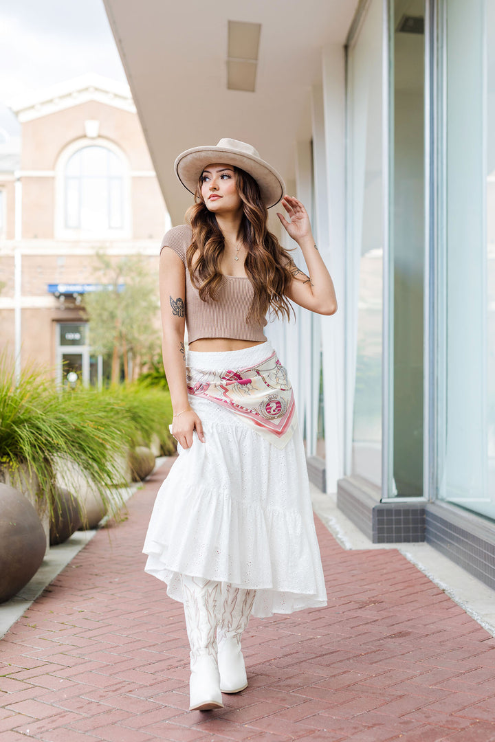 The Take A Stroll White Eyelet tiered Midi Skirt