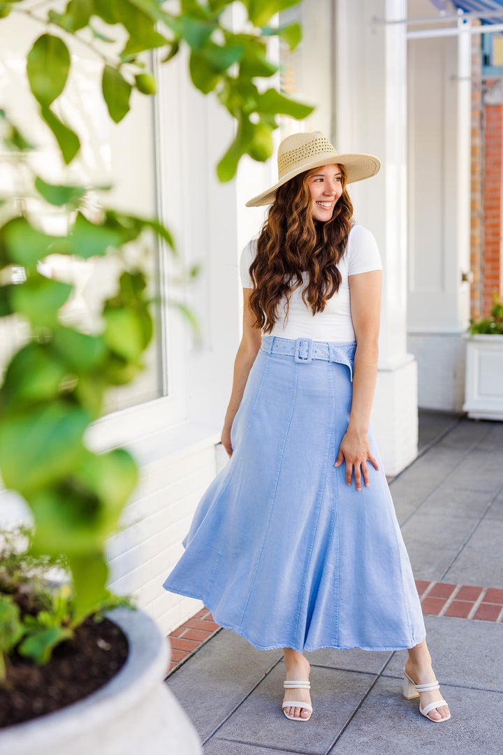 The Set The Standard Flared Soft Denim Maxi Skirt