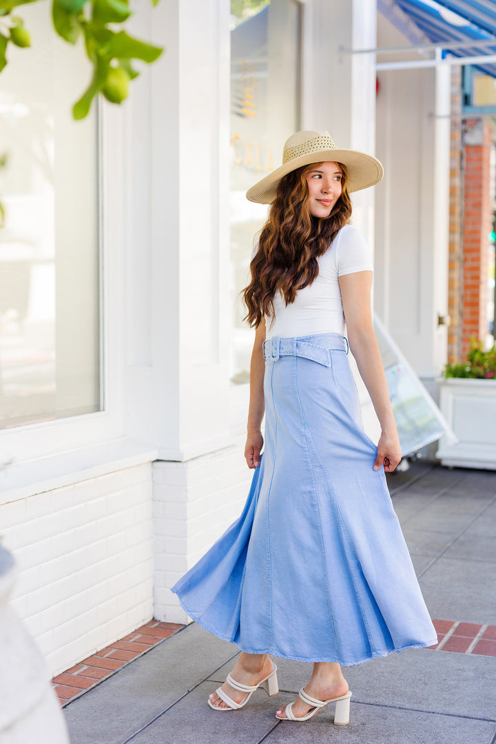 The Set The Standard Flared Soft Denim Maxi Skirt