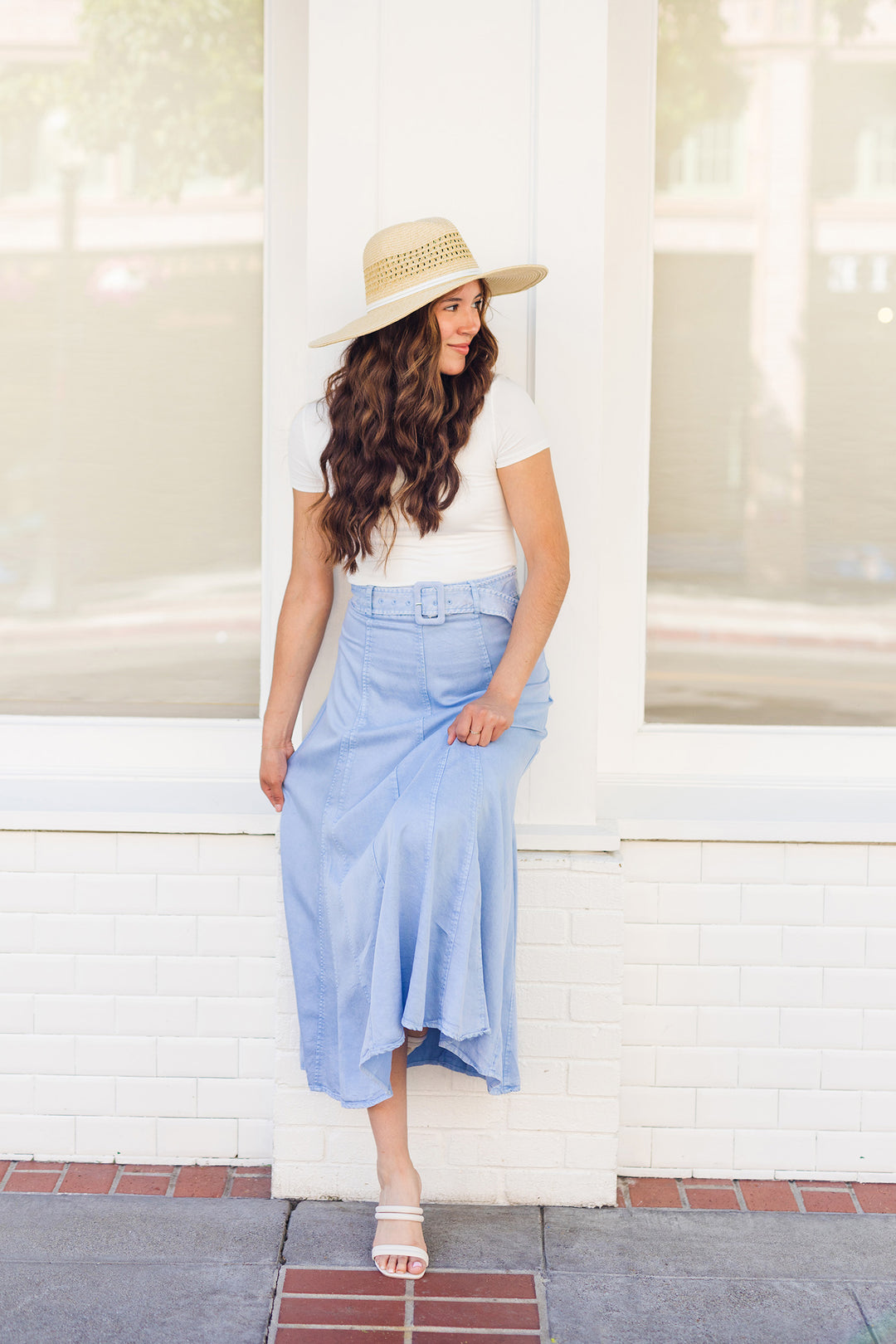 The Set The Standard Flared Soft Denim Maxi Skirt