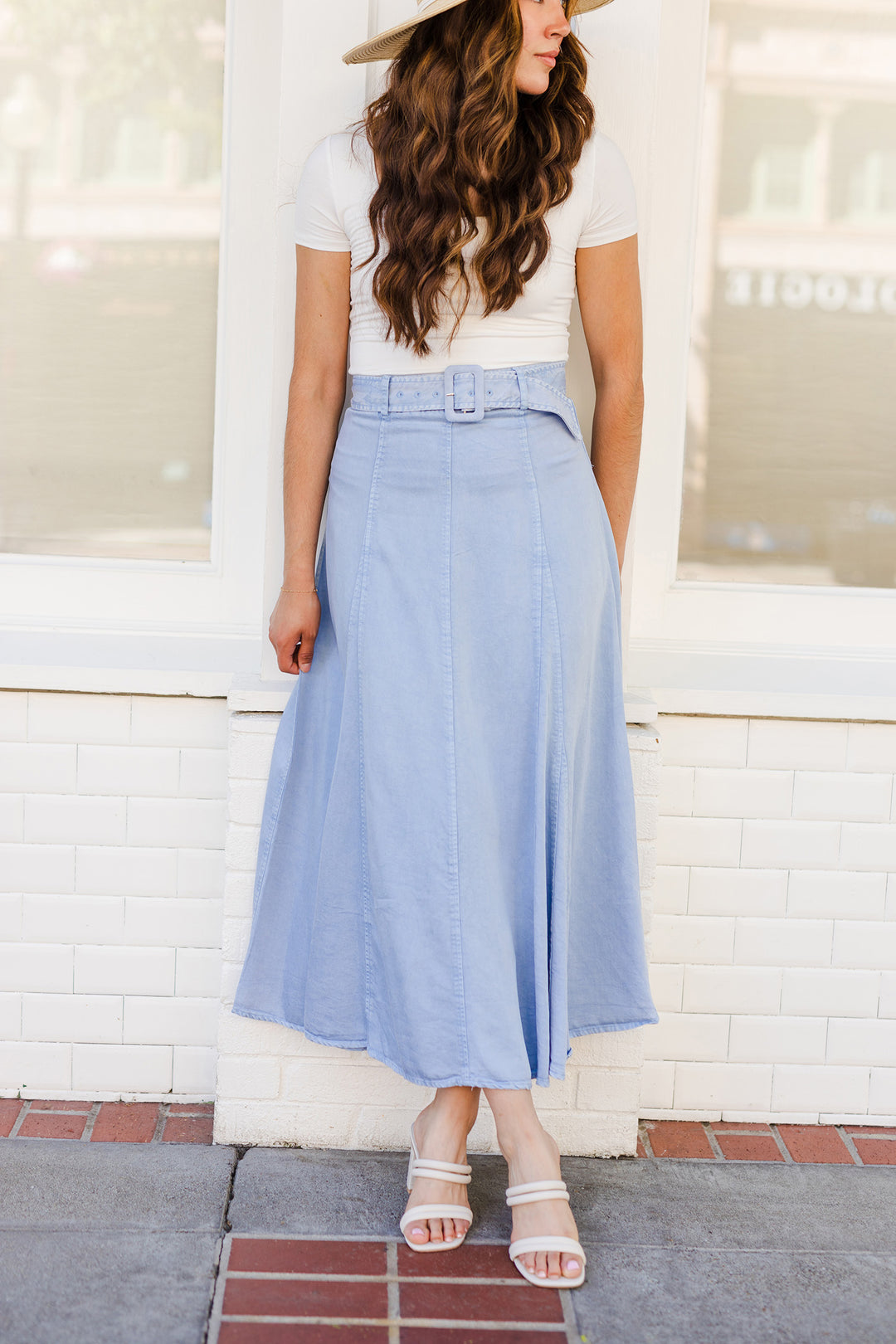 The Set The Standard Flared Soft Denim Maxi Skirt