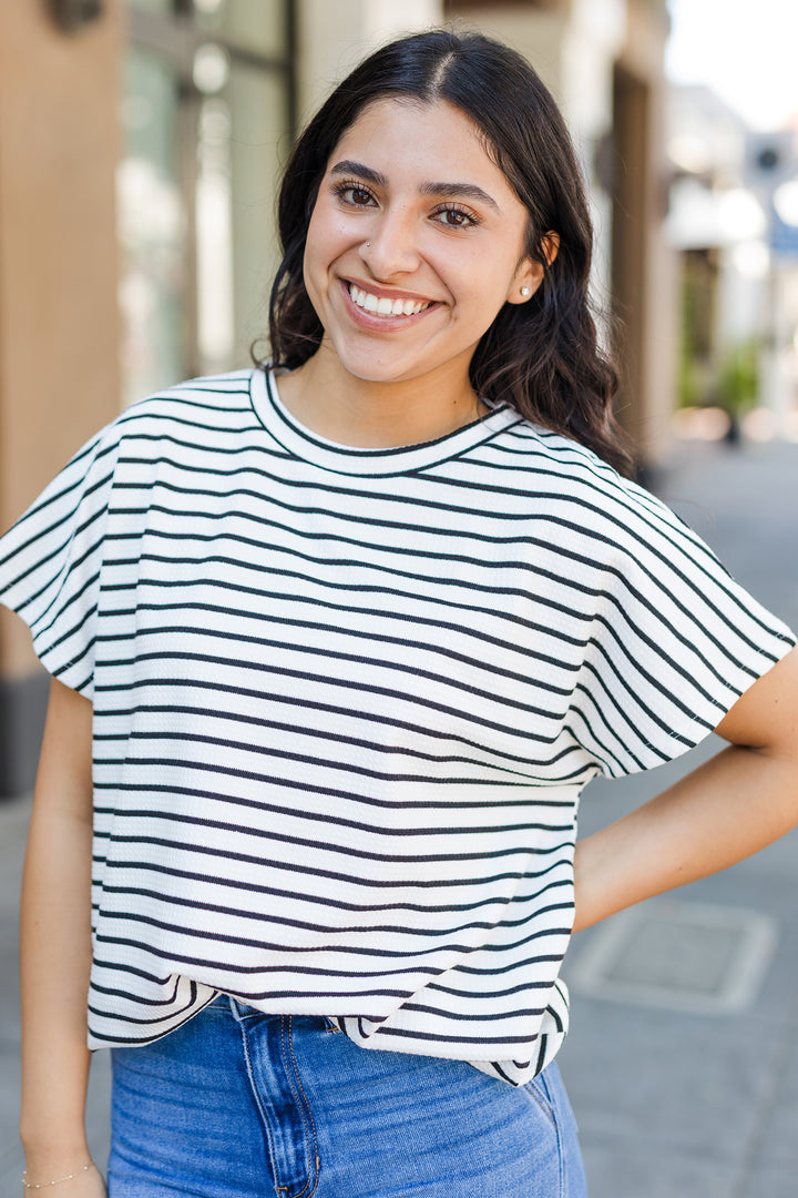 The Let's Rock White and Black Stripe Knit Top