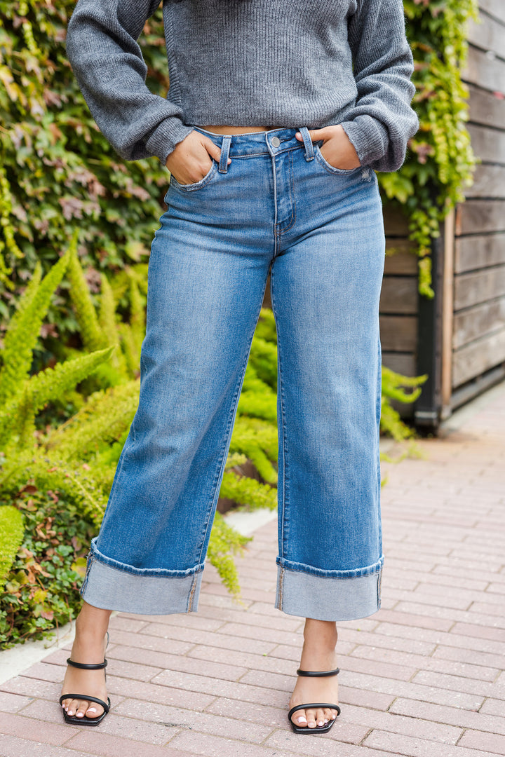 The Rhea Big Cuff Wide Leg Jeans by Flying Monkey